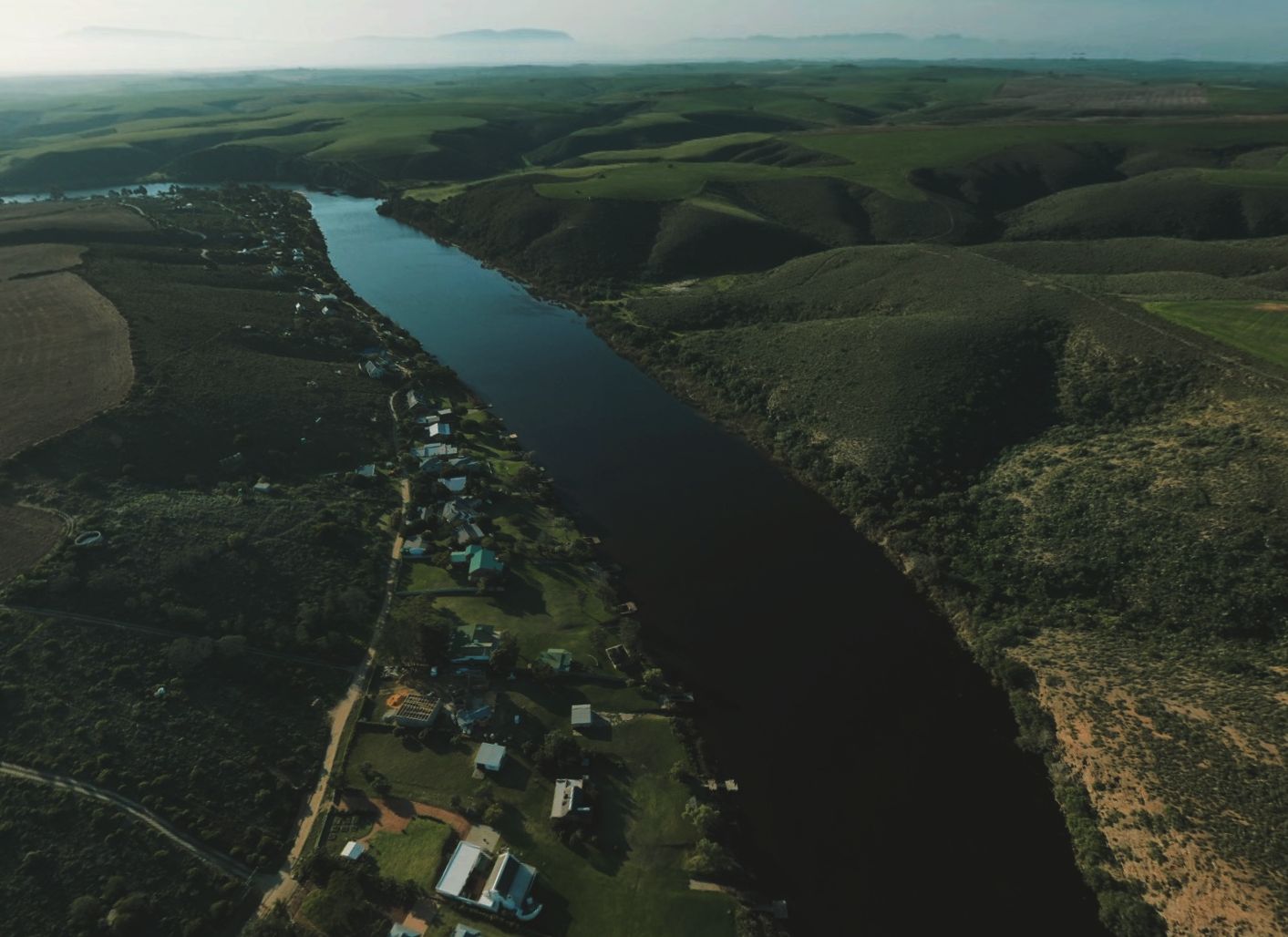 Aerial drone view of the Breede River winding through Malgas, the hero image from the Destination Malgas website